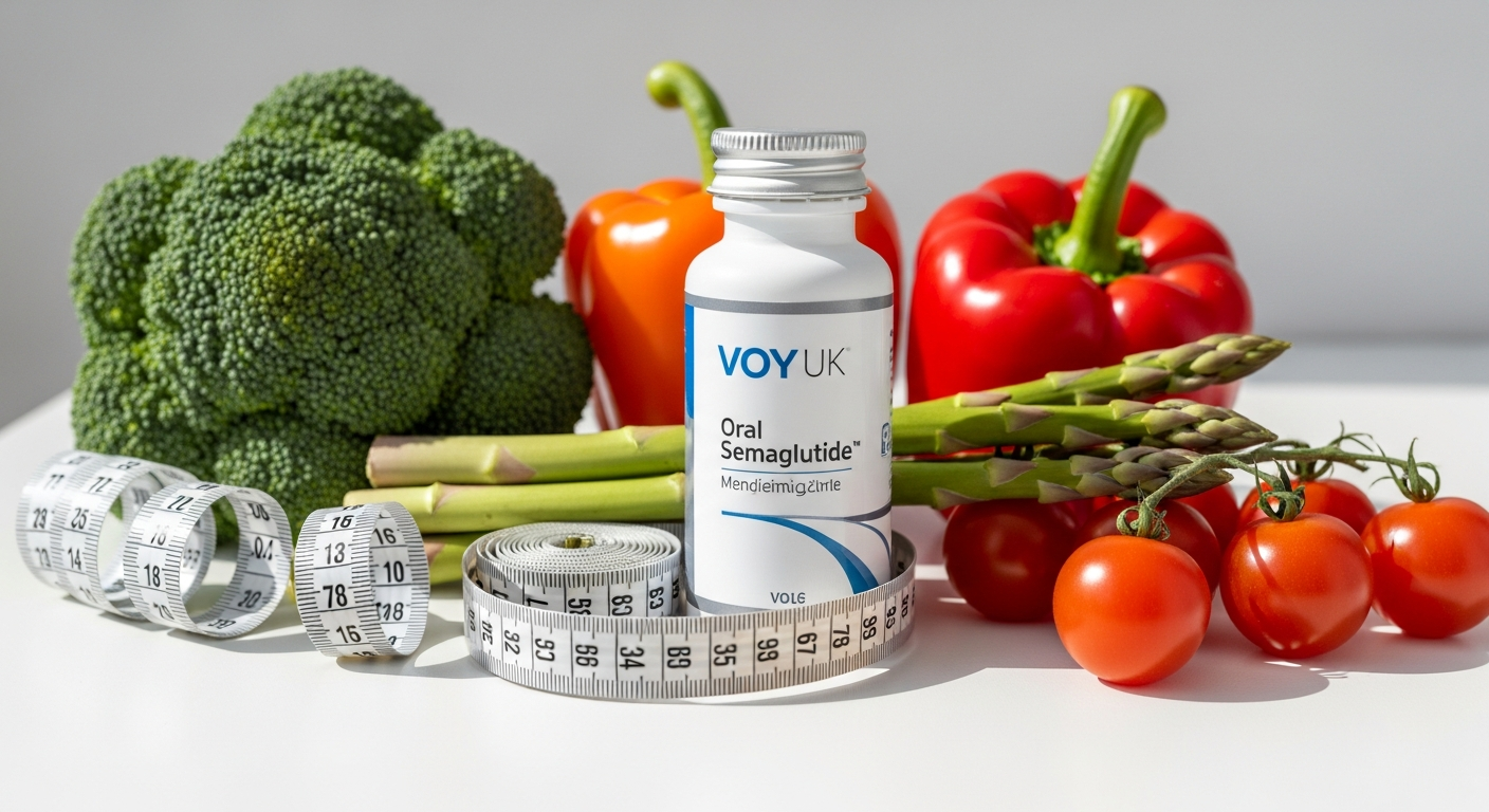 Oral Wegovy semaglutide tablets displayed with Voy UK app interface showing weight loss tracking dashboard