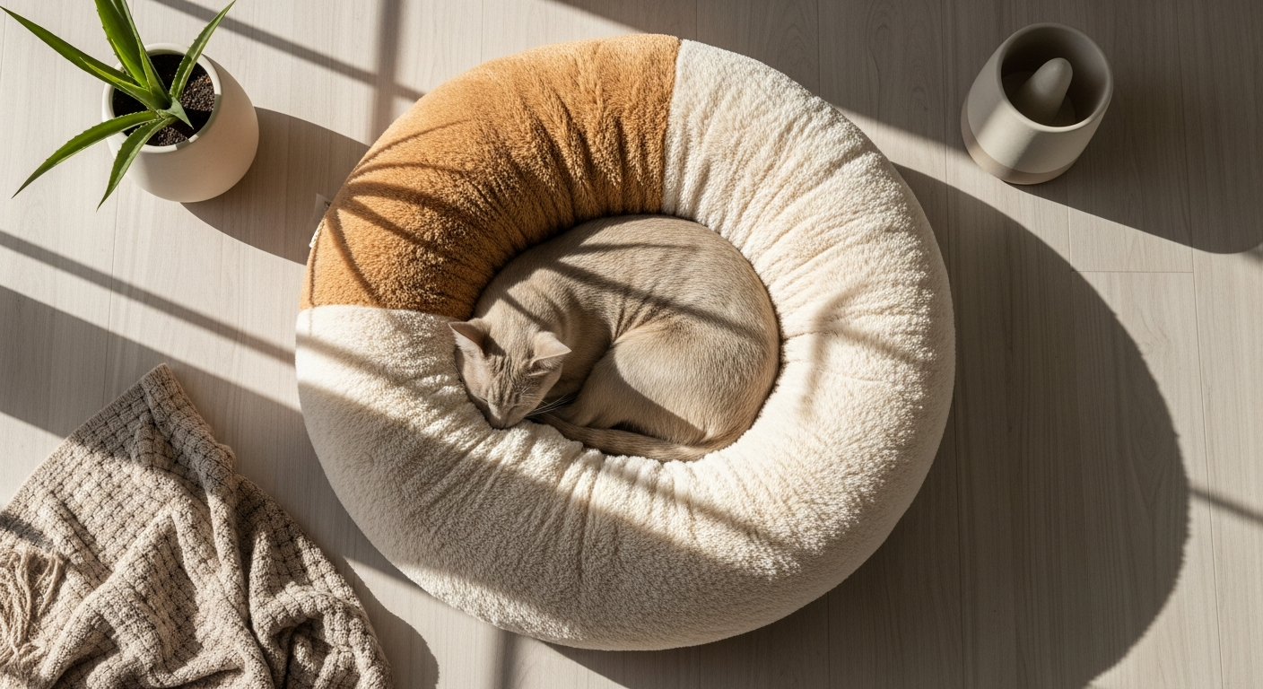 Cozy calming donut pet bed with raised sides for anxious dogs and cats