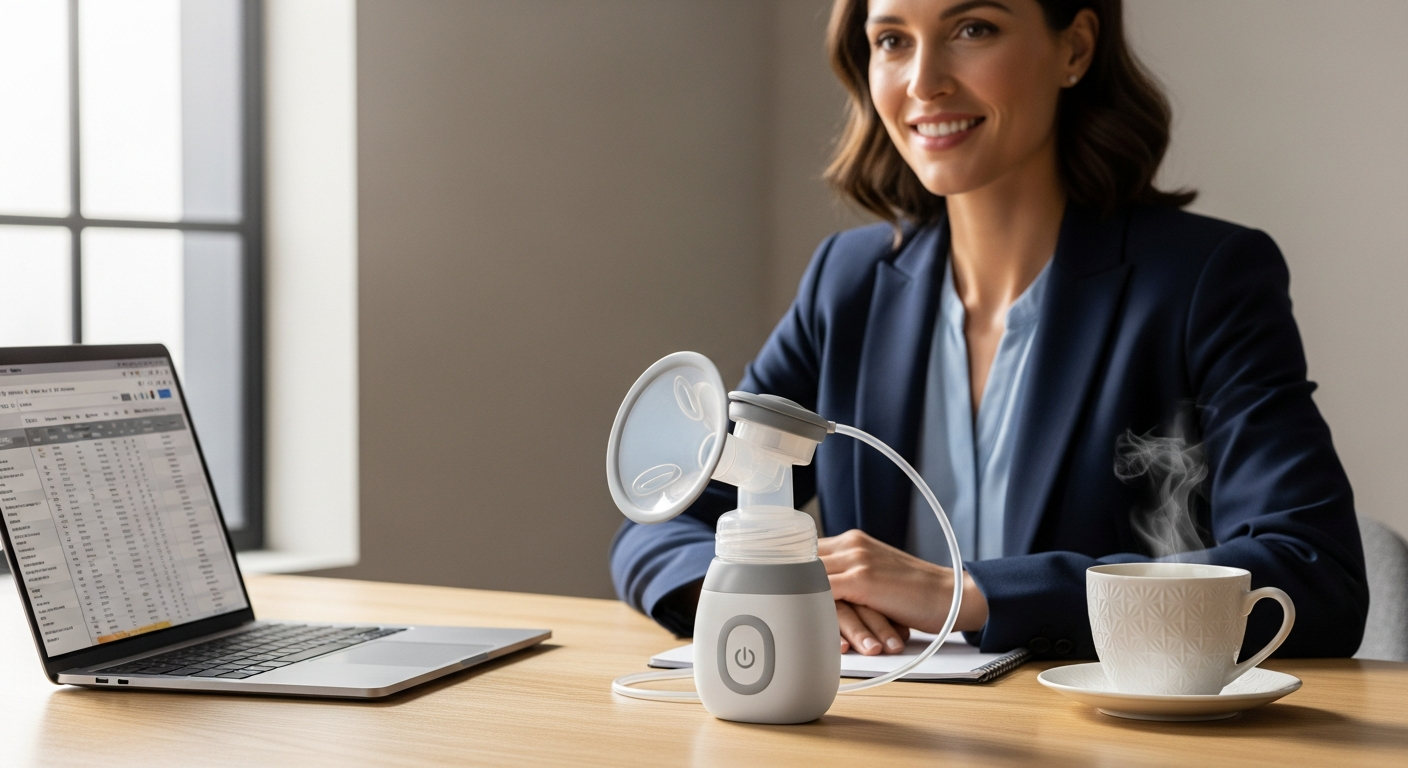 Vulpes Goods Elite Wireless Breast Pump discreetly integrated into professional woman's workday attire