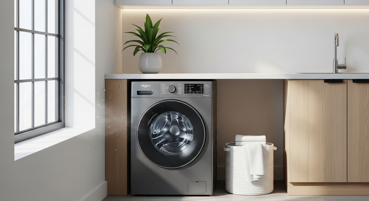 Whirlpool Supreme Silence W8X89ADSILENCEFR front-load washing machine in modern apartment laundry room