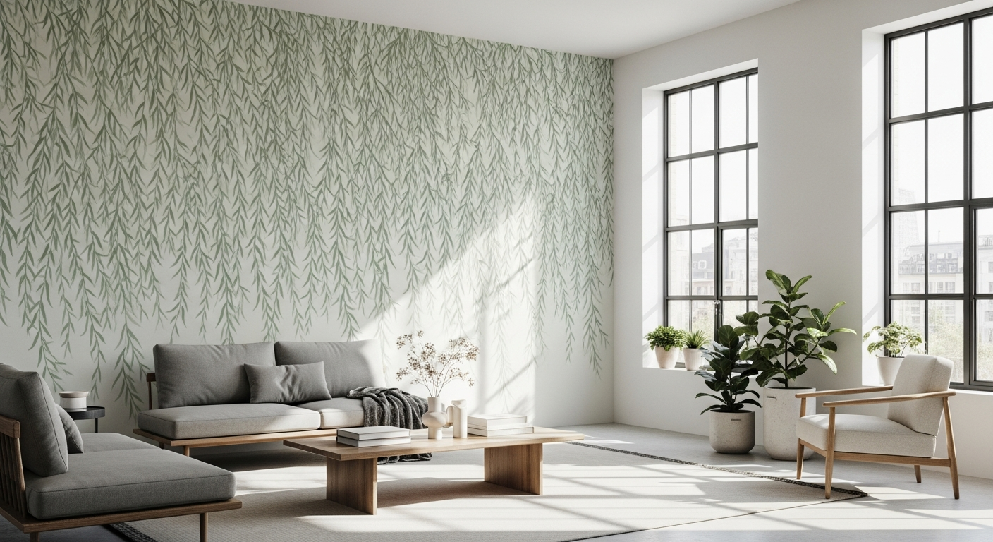 Morris & Co. Willow Boughs botanical wallpaper feature wall in traditional green and cream colorway