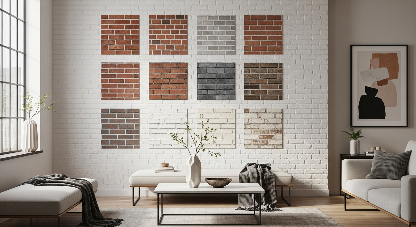 Modern faux brick wallpaper with realistic texture and depth in contemporary interior space