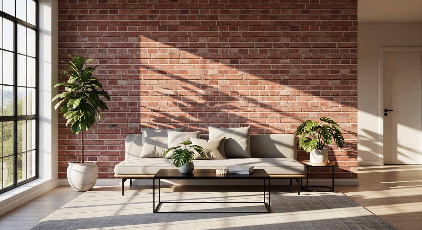 Realistic brick effect wallpaper sample showing red brick texture and mortar detail