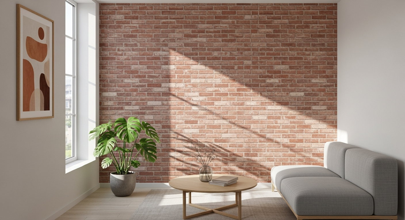 Realistic faux brick effect wallpaper transforming a rental apartment living room with industrial aesthetic