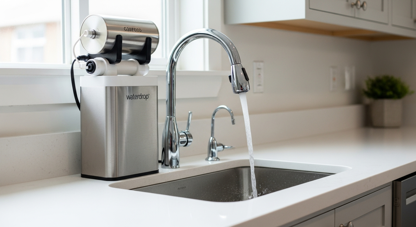 Waterdrop G3P600 tankless reverse osmosis water filter system installed under kitchen sink