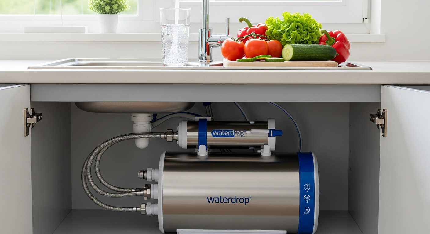 Waterdrop G3P800 Tankless RO System installed under kitchen sink with smart display faucet