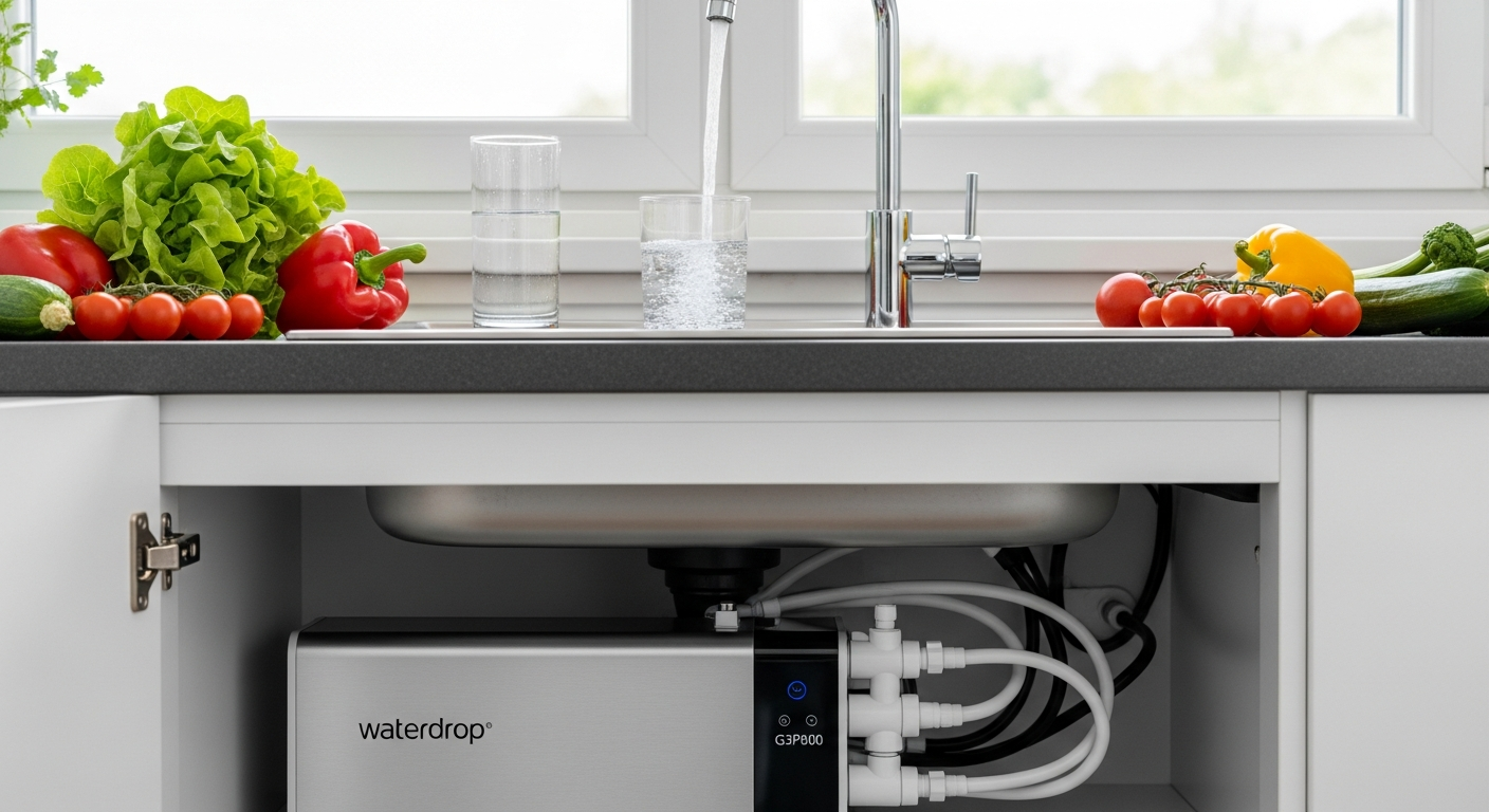 Waterdrop G3P800 tankless reverse osmosis system installed under kitchen sink with digital display