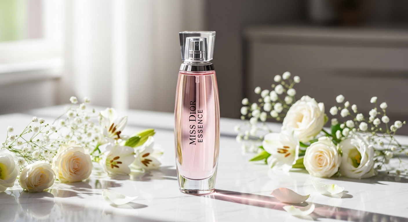 Luxury Miss Dior Essence Eau De Parfum bottle displayed elegantly on marble surface