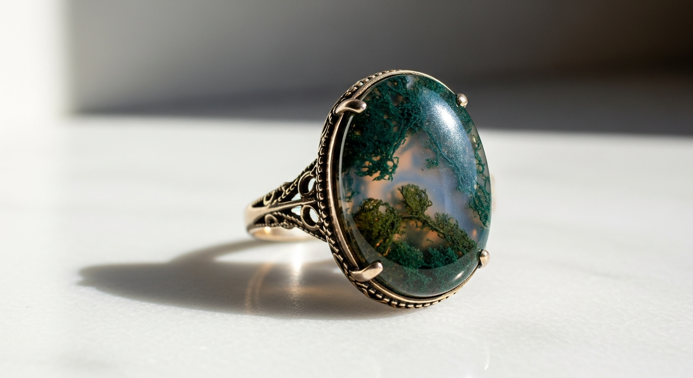 Vintage oval moss agate engagement ring set with art deco leaf cluster design in rose gold