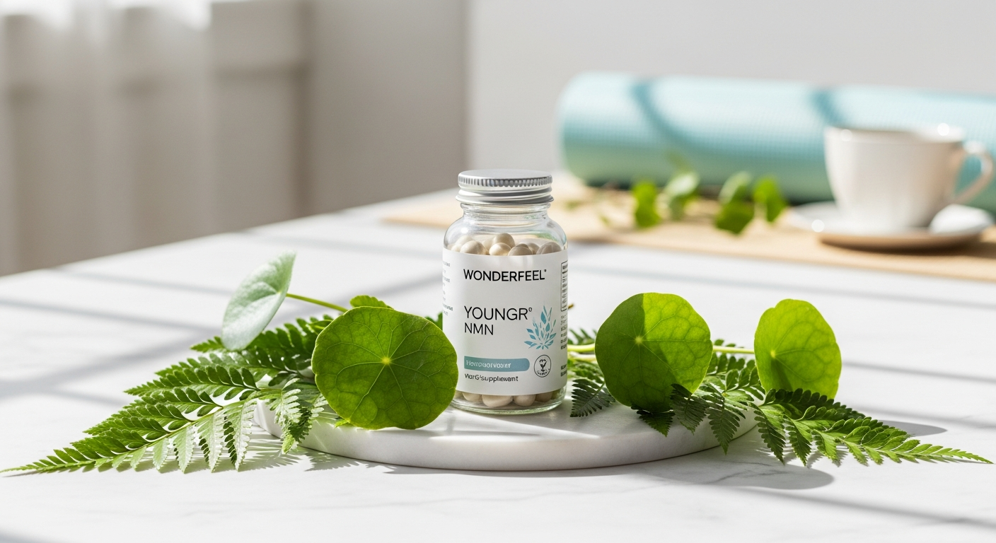 Wonderfeel Youngr NMN supplement bottle with cellular longevity formula ingredients displayed