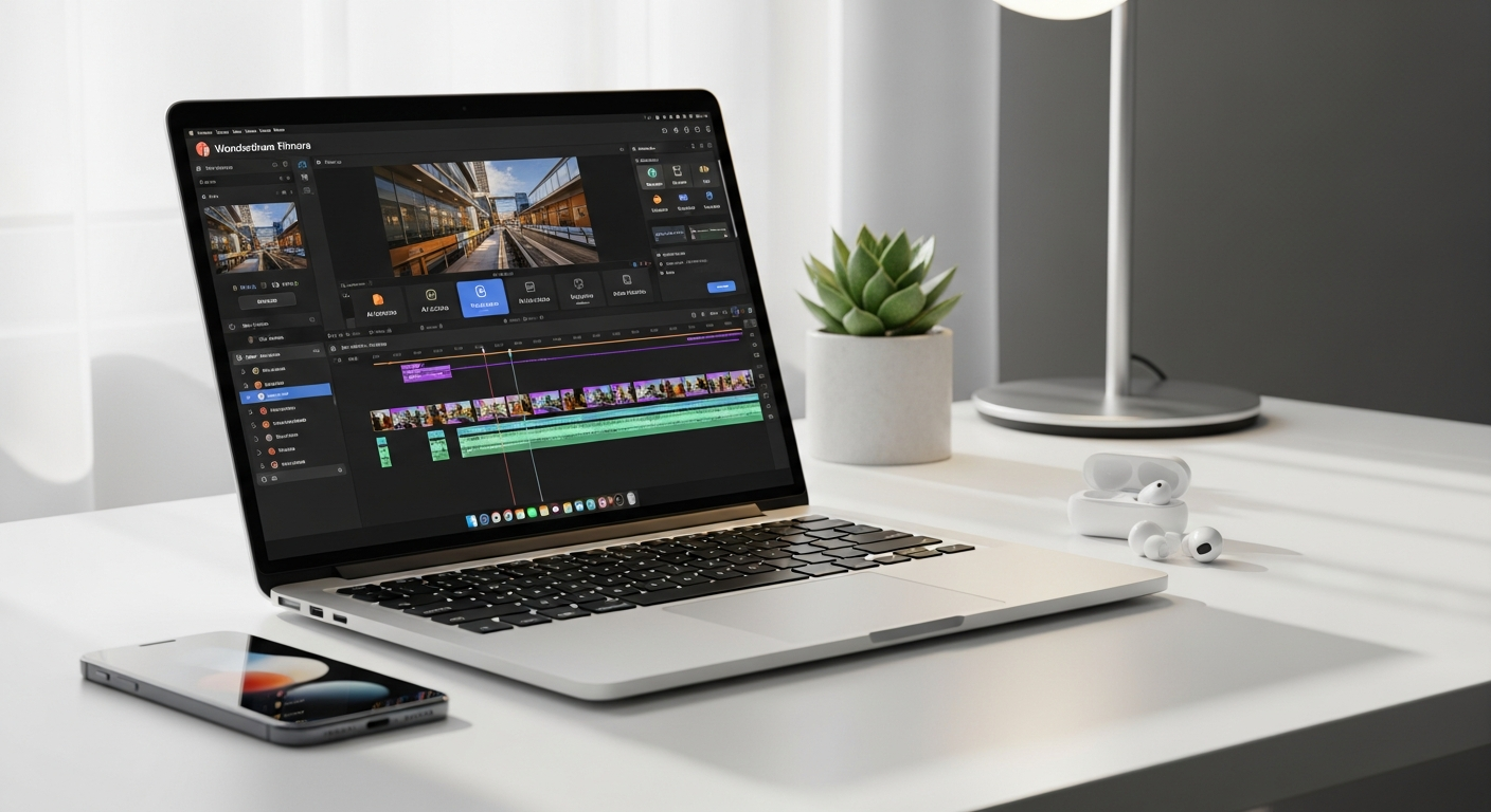 Wondershare Filmora AI video editor interface showing editing timeline and creative tools