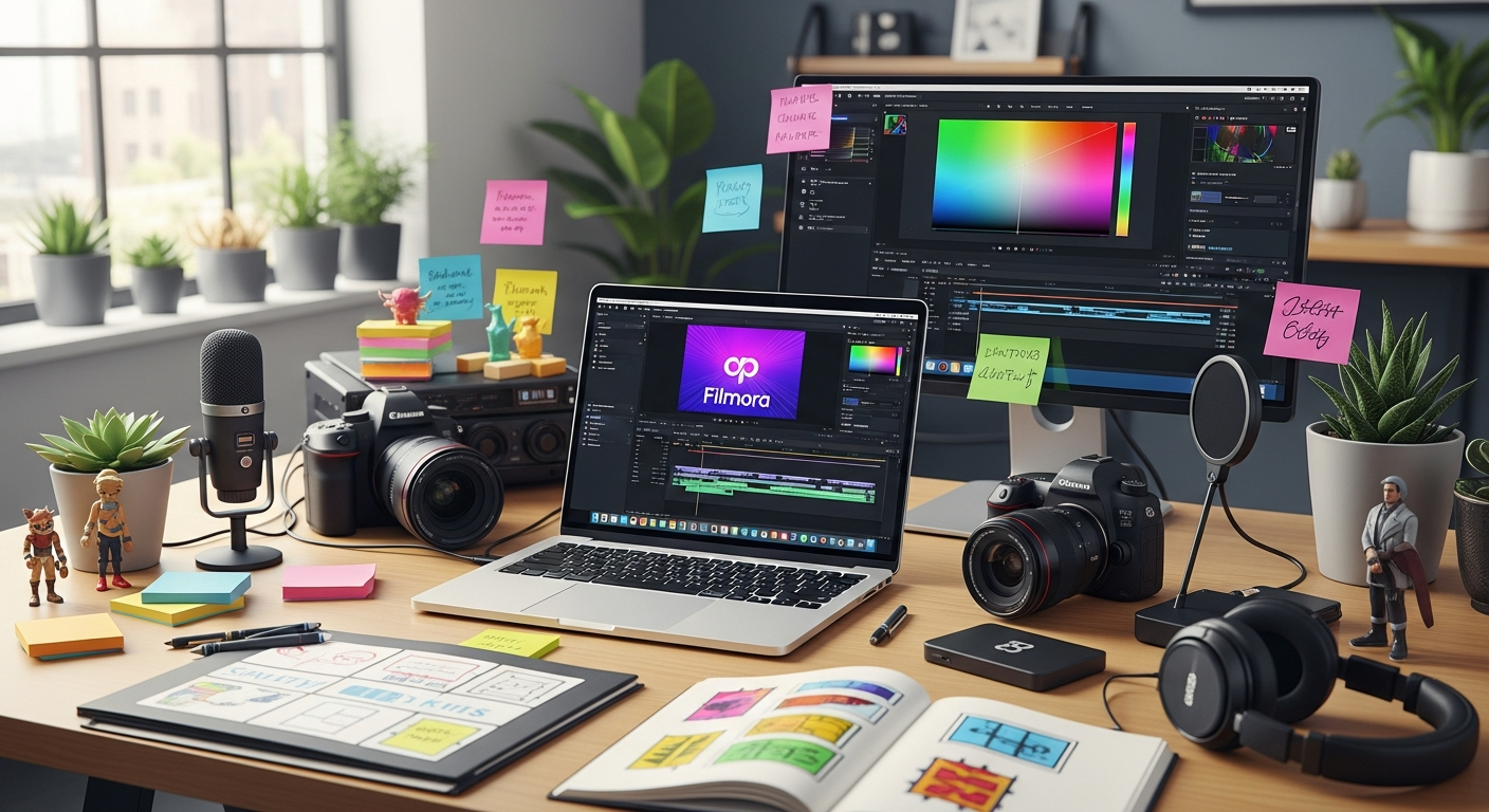 Wondershare Filmora video editing interface showing AI-powered tools and timeline