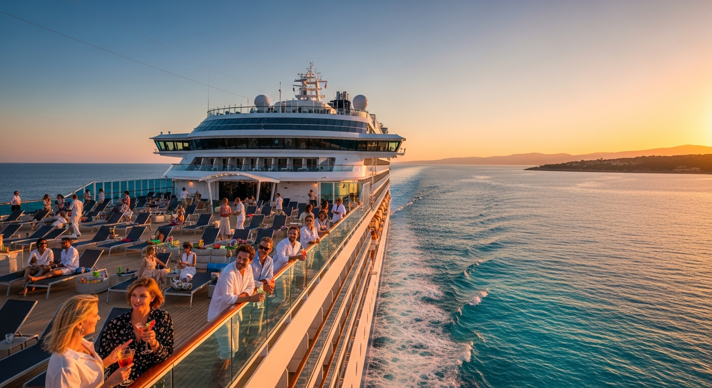 Marella cruise ship sailing through Mediterranean waters with passengers enjoying deck activities