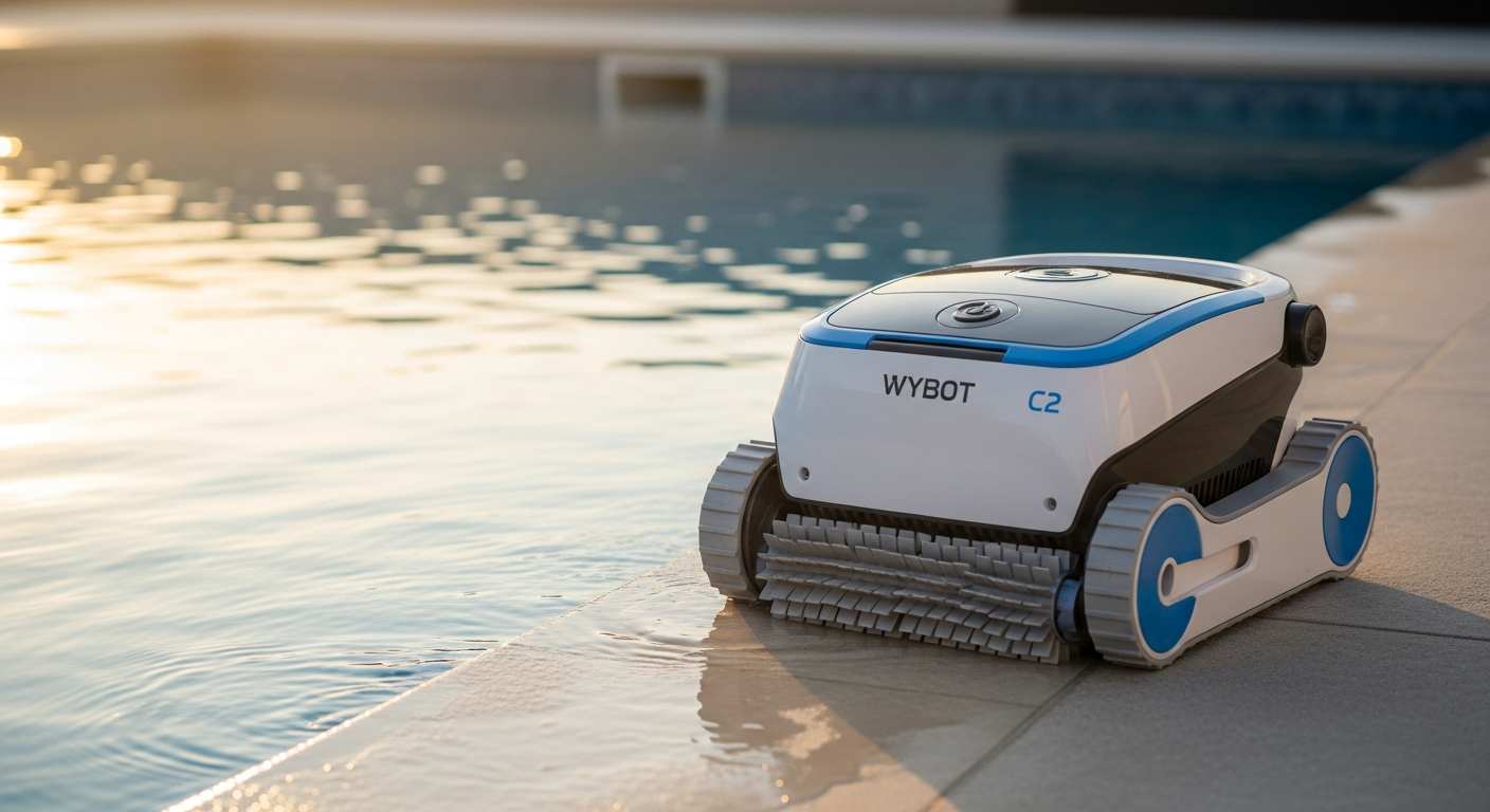 WYBOT C2 cordless robotic pool cleaner floating in swimming pool water