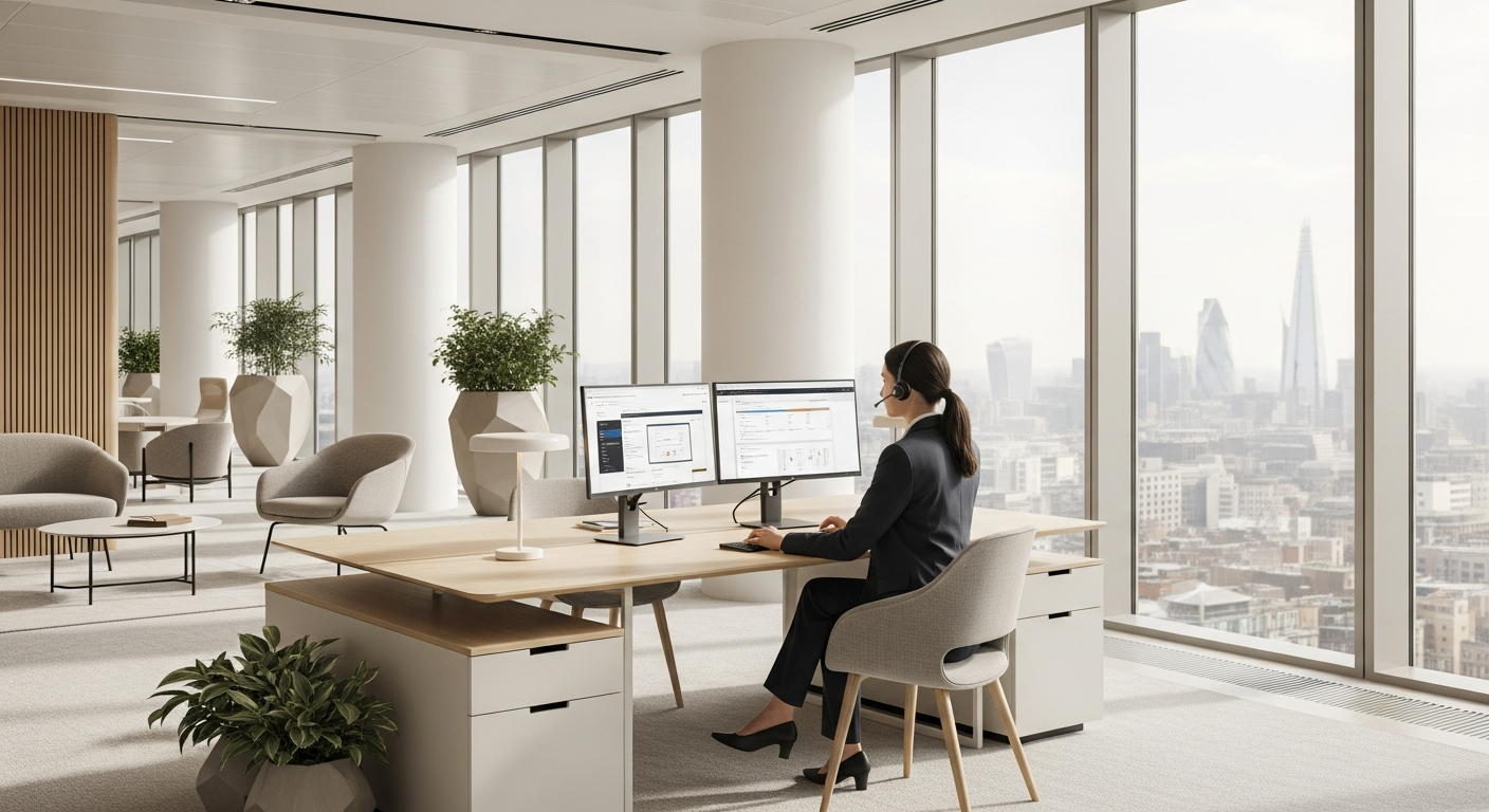 Professional London virtual office reception desk with modern business communication setup