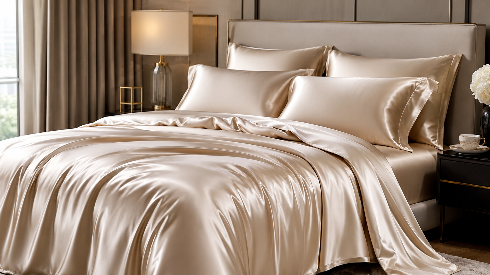 SilkSilky 19 Momme mulberry silk bedding set in champagne gold, featuring a luxurious silk duvet cover and matching pillowcases on a modern upholstered bed in an elegant bedroom.