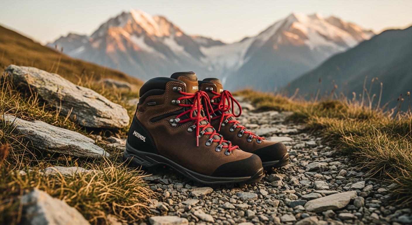 Meindl Engadin MFS hiking boots displayed on rocky mountain terrain showing oiled nubuck leather and Vibram sole