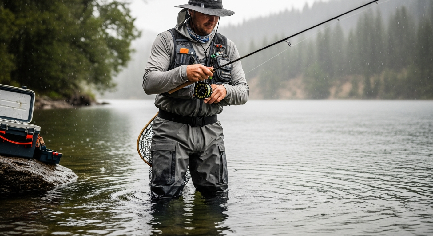 Frogg Toggs Men's Stormwatch Waterproof Pants displayed on a fishing boat with water in background