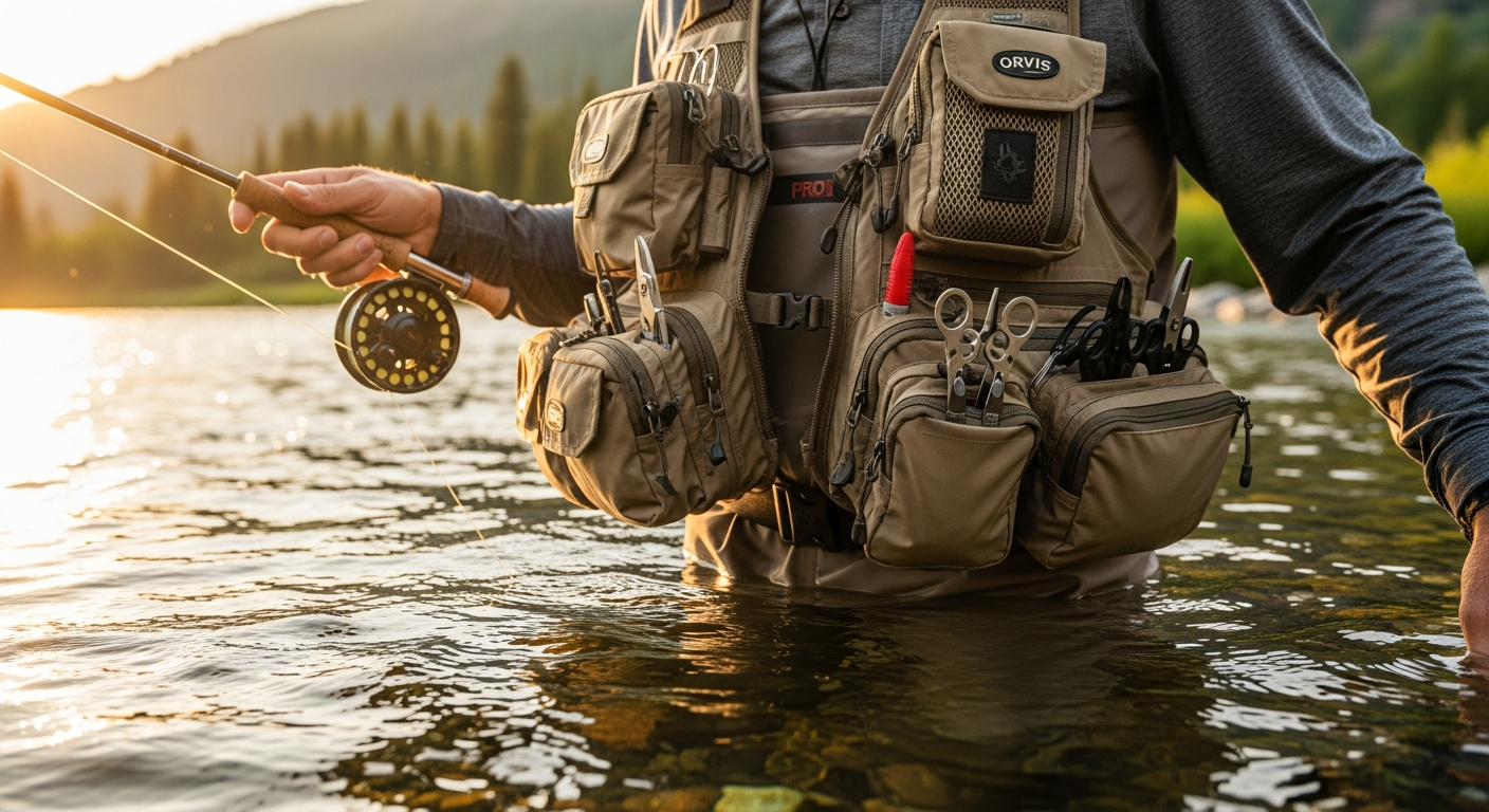 Orvis PRO fly-fishing vest displayed with organized pockets and gear storage system
