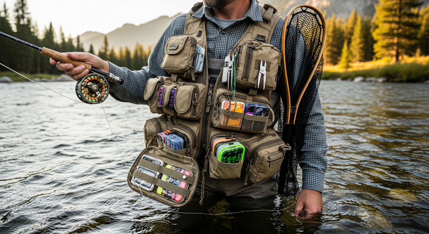 Orvis PRO Fly Fishing Vest with 18 pockets displayed on angler
