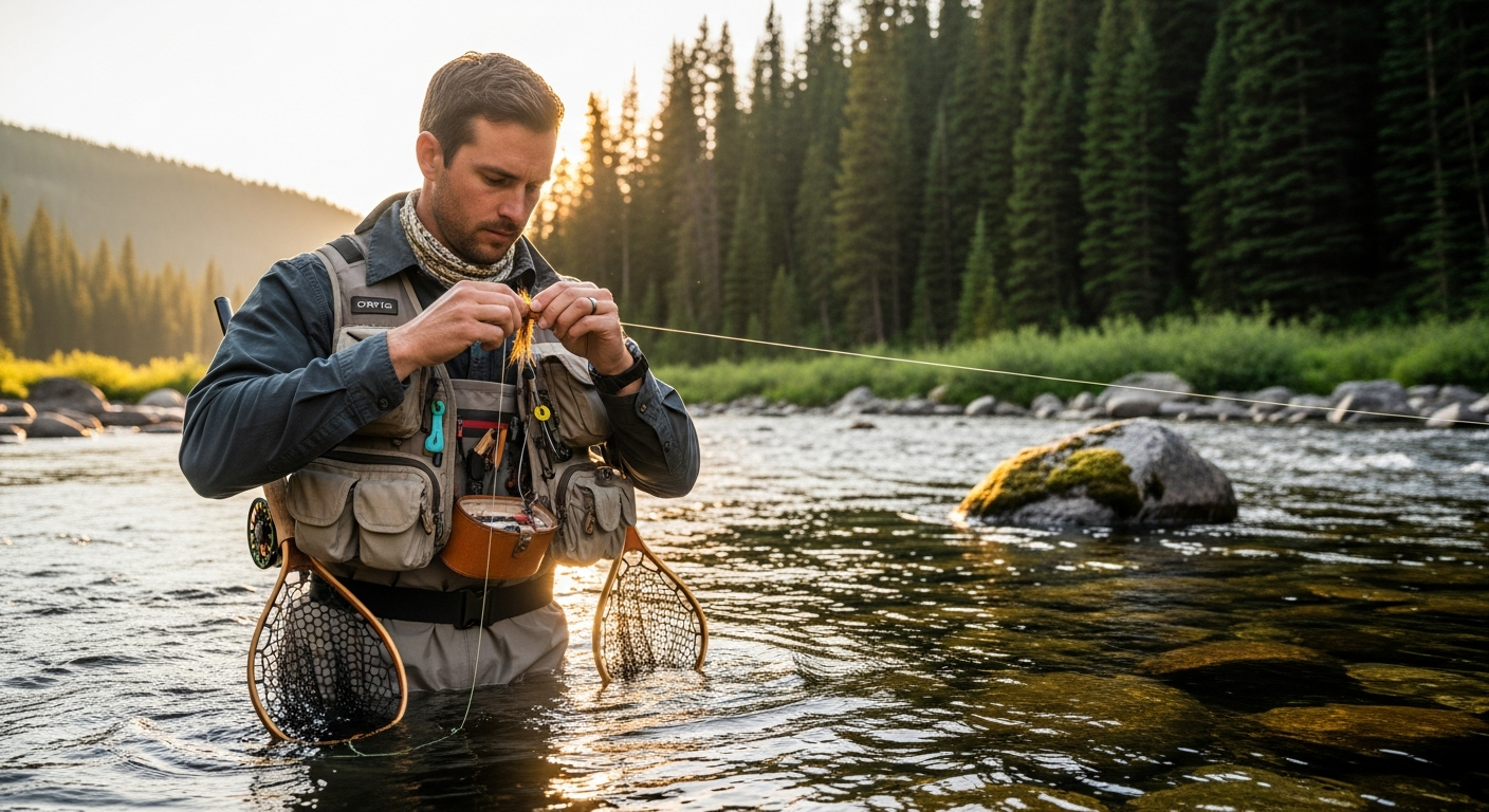 Orvis PRO fly fishing vest displayed with multiple pockets and storage compartments visible
