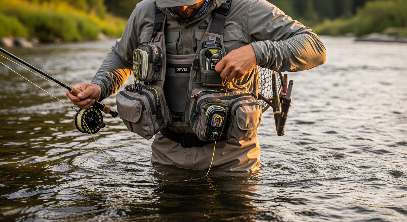 Orvis Pro Fly Fishing Vest with 18 pockets and breathable mesh design