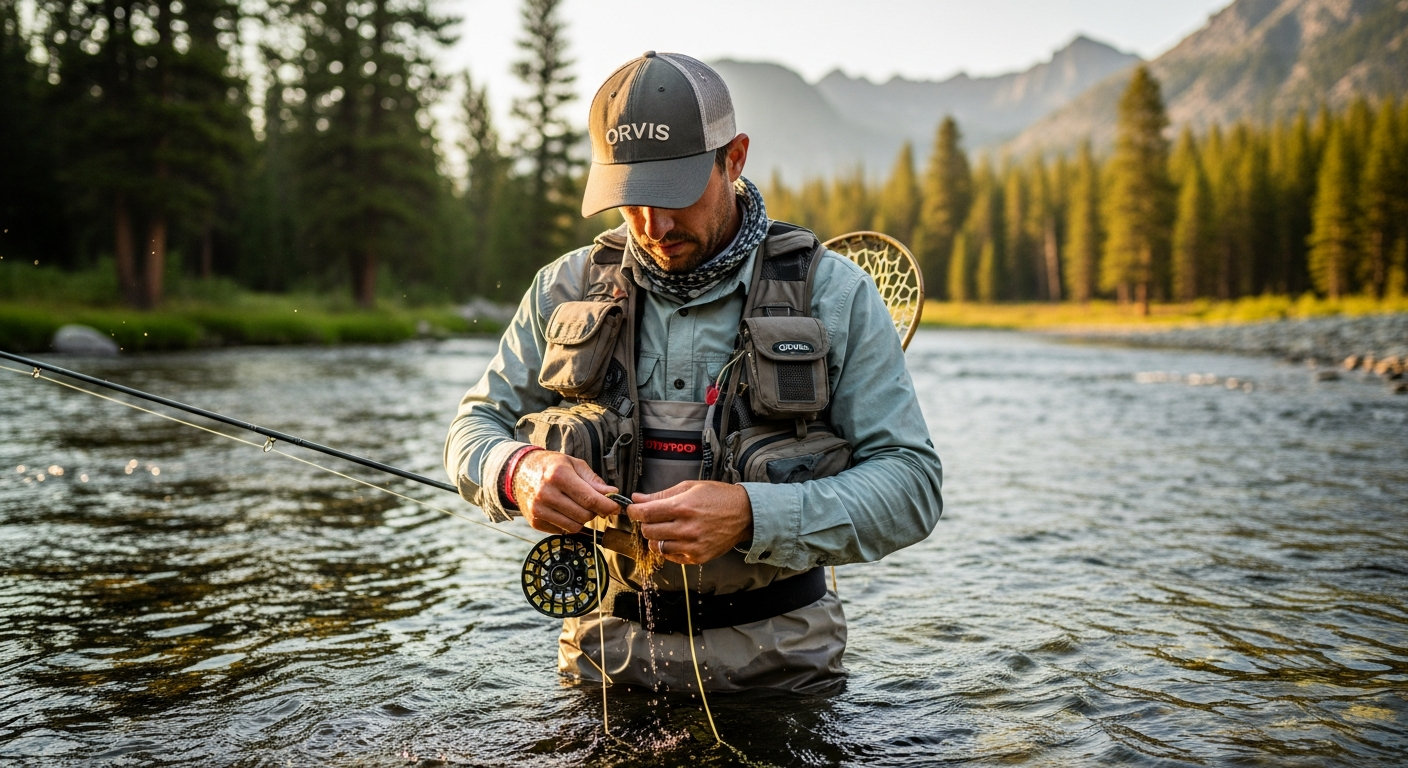 Orvis Pro Fly Fishing Vest displayed with organized pockets and gear
