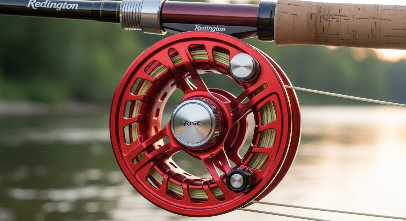 Redington Rise fly reel showing CNC-machined aluminum construction and carbon fiber drag system