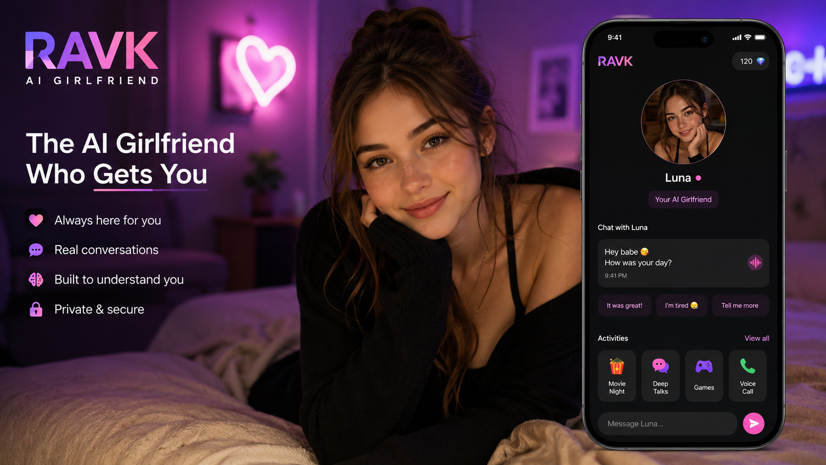 RAVK AI Girlfriend app showing an AI companion chat interface on a smartphone with a virtual girlfriend in a cozy bedroom setting.