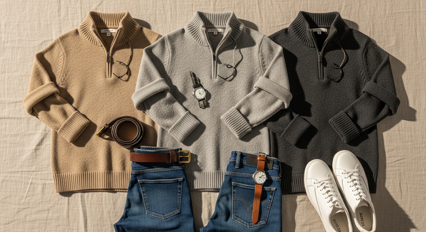 Man wearing comfortable casual knit pullover in neutral color with jeans