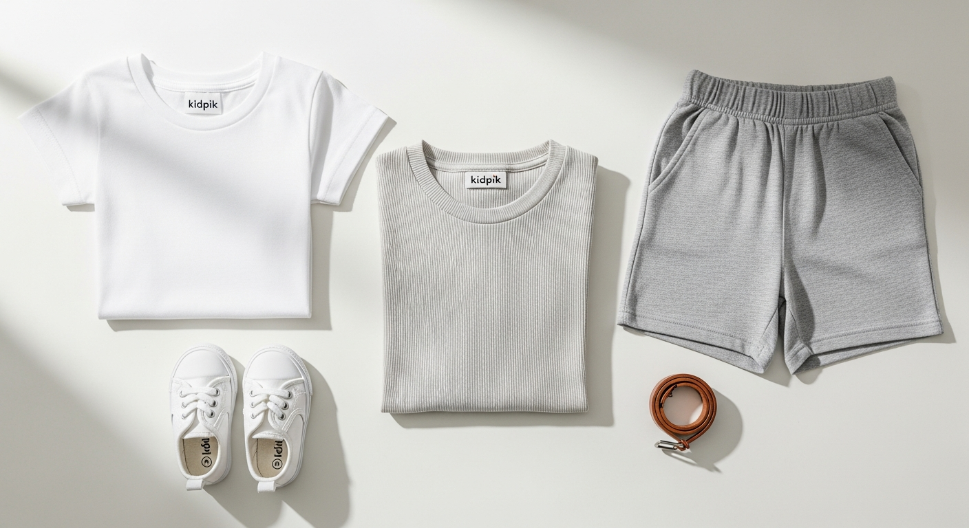 Young girl wearing Kidpik Ribbed Crew Tee in neutral color with layered styling