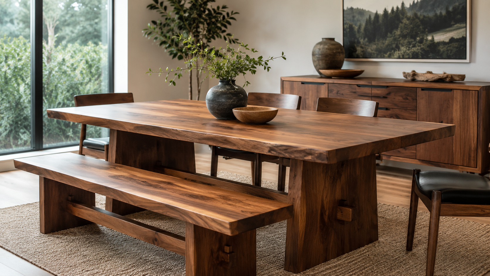 Custom solid wood dining table and bench set in a modern rustic dining room with walnut furniture, natural light, and minimalist home decor.