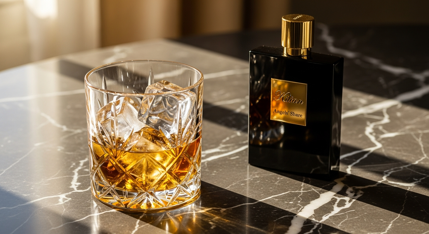 Kilian Angels' Share On The Rocks luxury eau de parfum bottle with cognac-inspired amber liquid