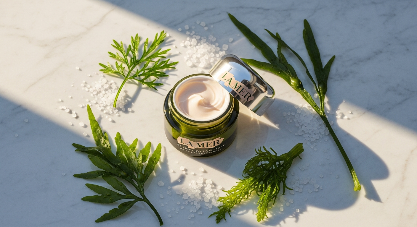 Luxury La Mer Crème de la Mer moisturizing cream jar on marble surface