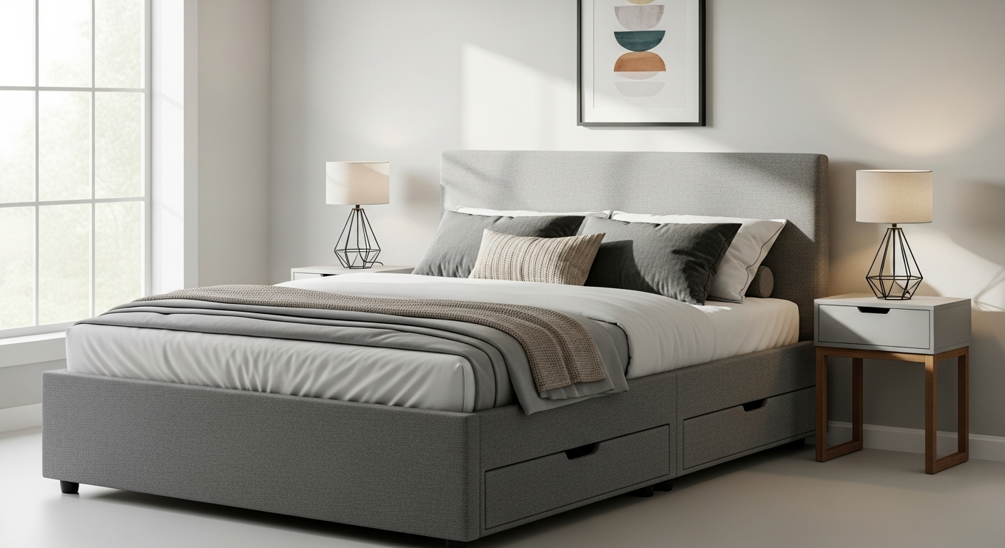 Grey fabric ottoman bed with padded headboard and gas-lift storage mechanism