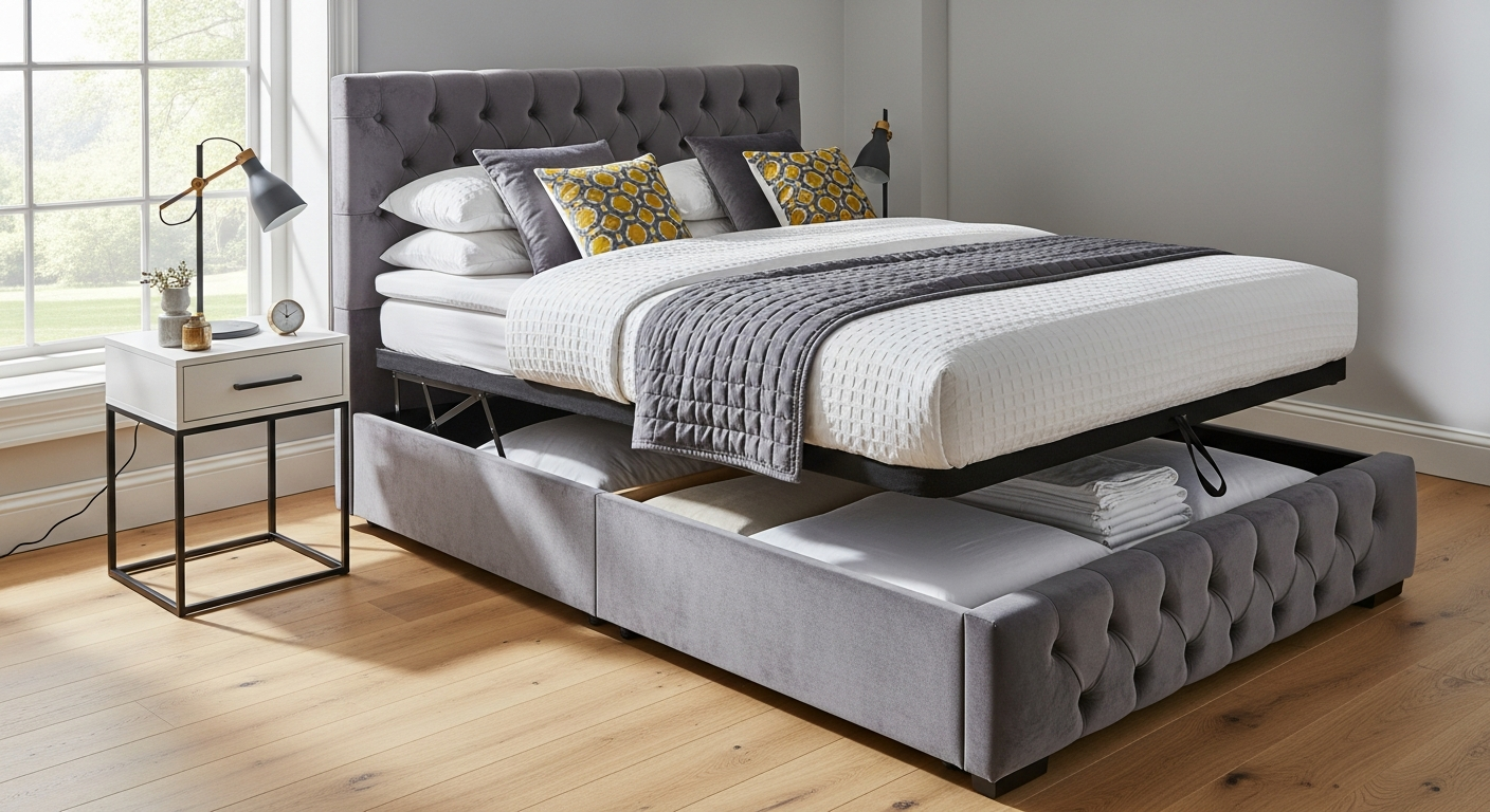 Grey velvet ottoman bed with gas-lift storage mechanism in modern bedroom