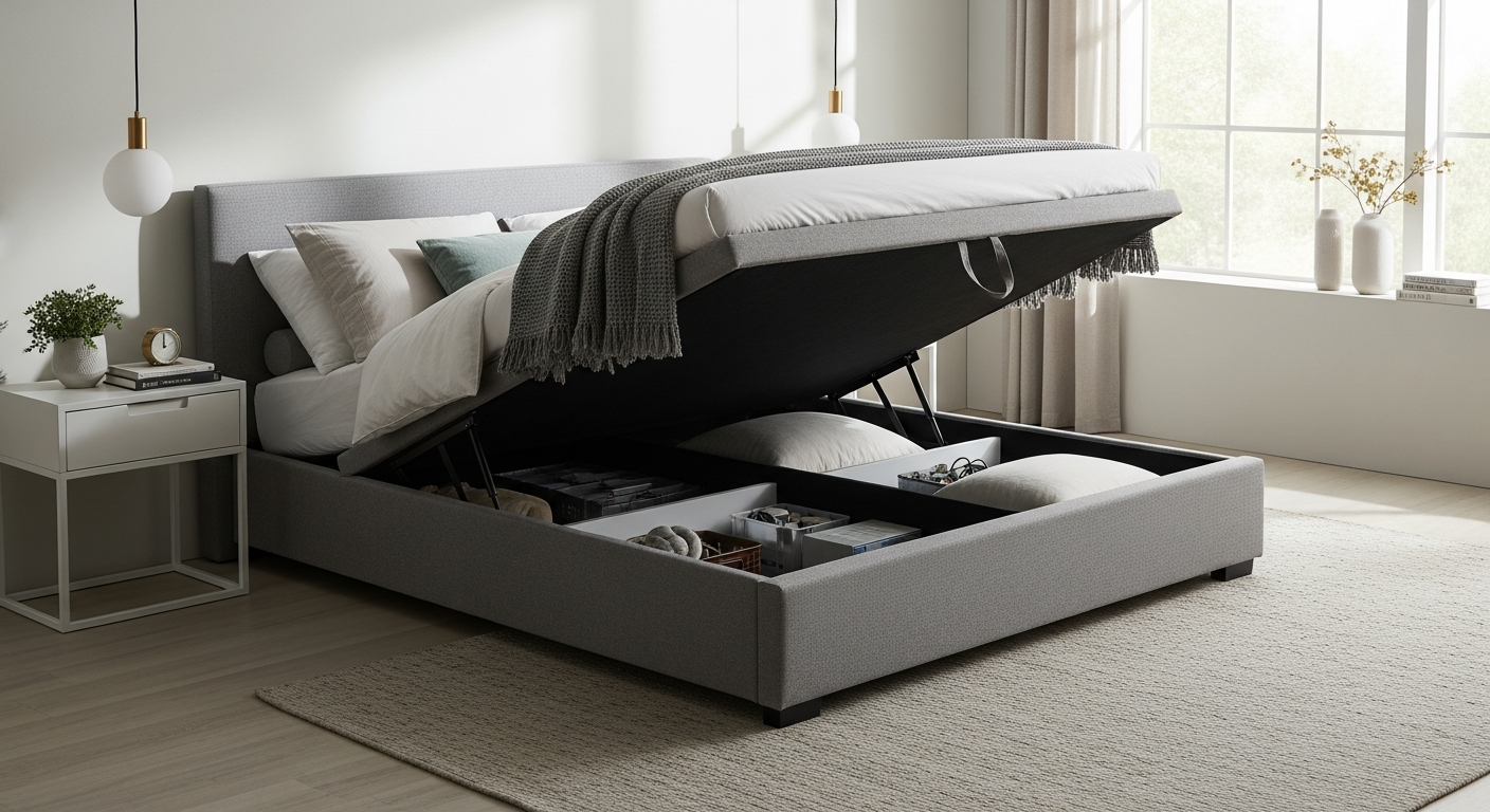 Grey velvet ottoman storage bed with lift-up mechanism in modern bedroom