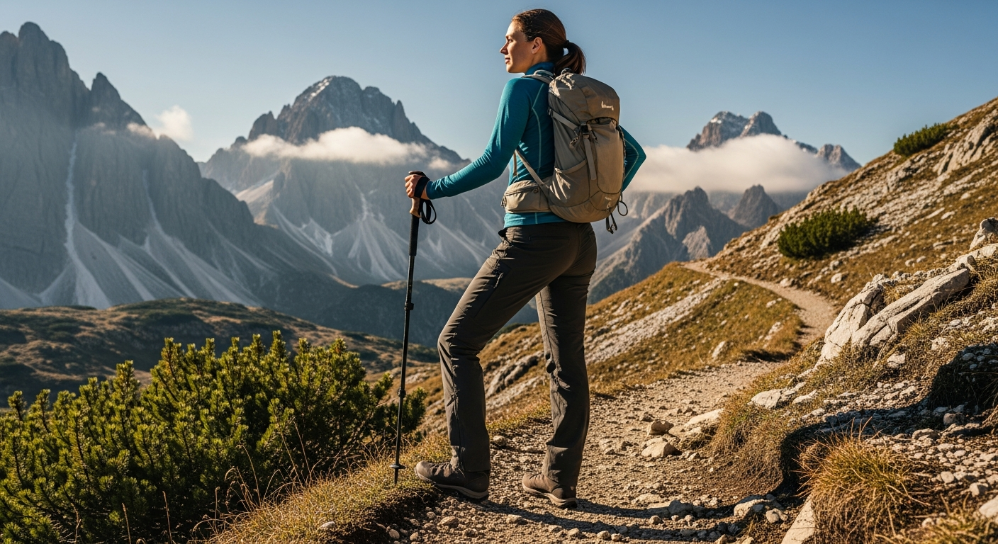 Woman hiker in Lundhags Makke Pant trekking through alpine mountain terrain