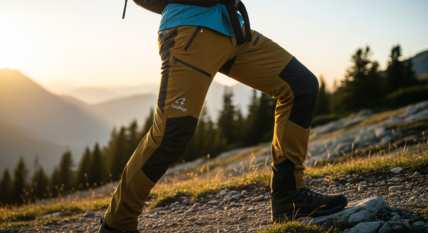 Lundhags Makke versatile trekking pants displayed on outdoor terrain with mountain backdrop