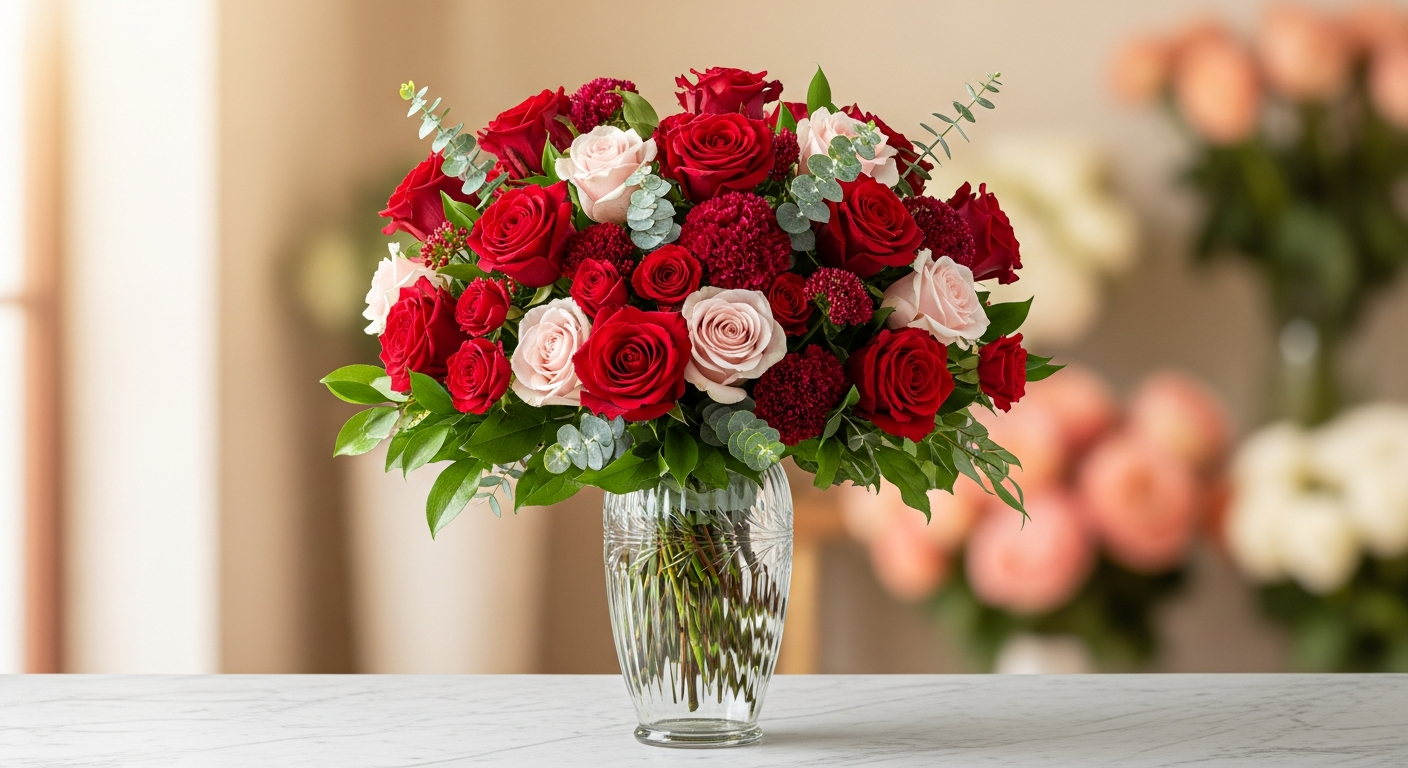 Premium Rosenstrauß Sophia elegant arranged red and pink roses in professional bouquet