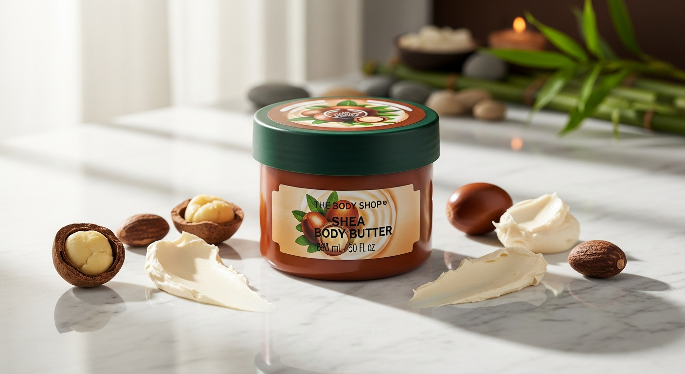 The Body Shop Shea Nourishing Body Butter jar displayed with shea nuts and rich cream texture