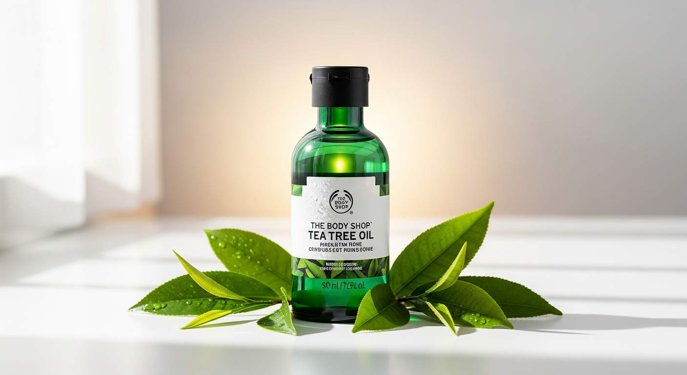 The Body Shop Tea Tree Oil bottle displayed on a clean white surface with fresh tea tree leaves