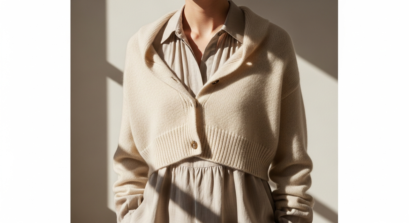 Brora Cashmere Cropped Cardigan in cream displayed on luxury fashion model