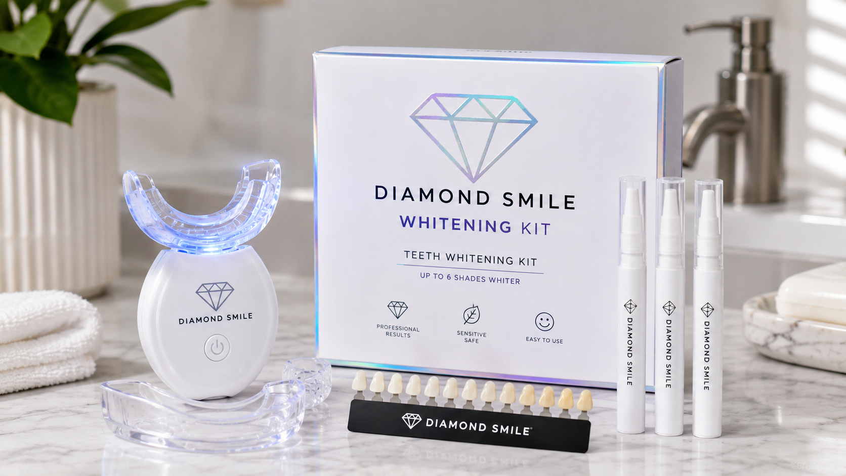 Diamond Smile Whitening Kit featuring an LED teeth whitening device, whitening pens, mouth tray, and shade guide on a marble bathroom countertop for professional at-home teeth whitening.