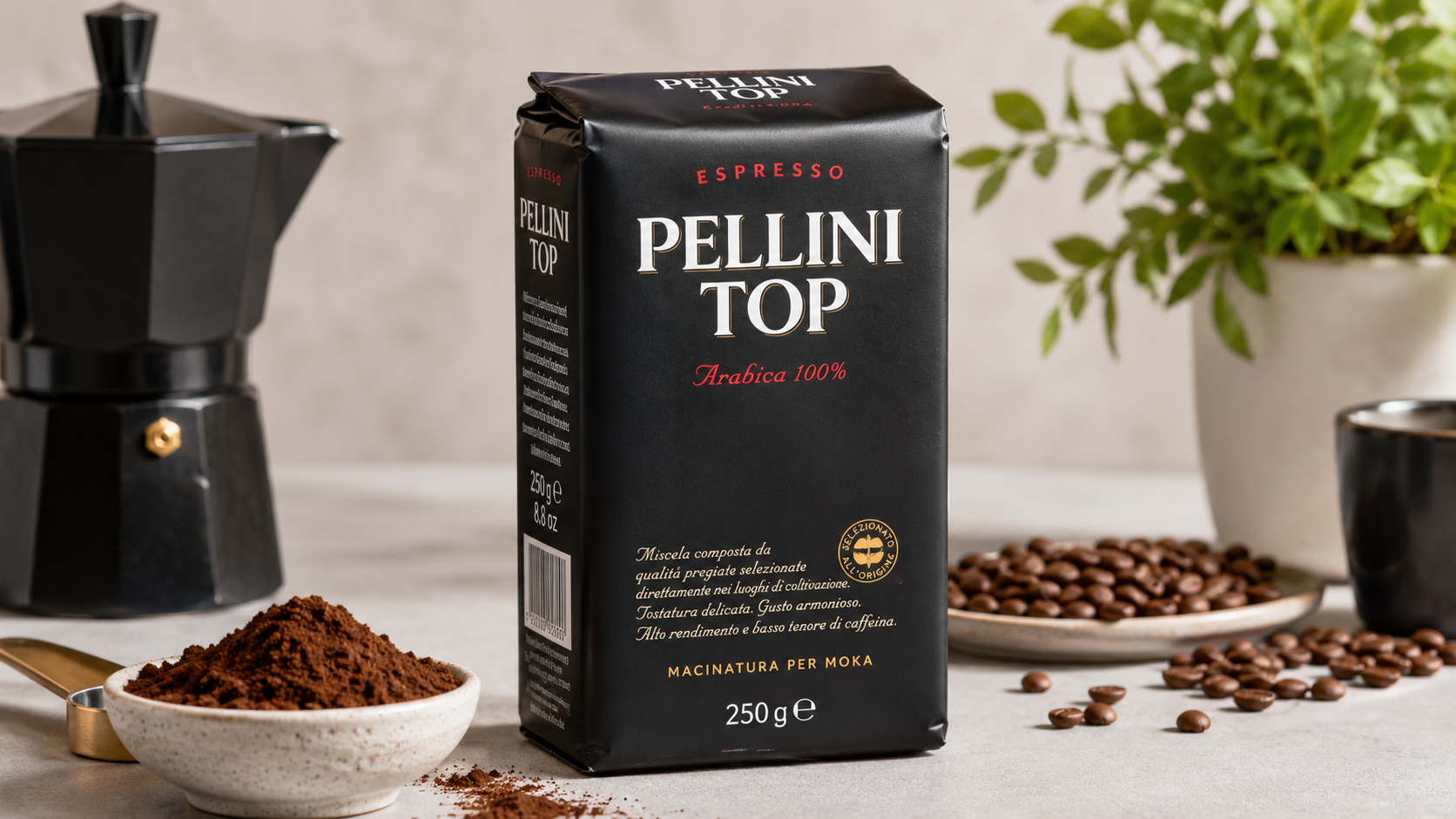 Pellini Top Ground Coffee 250g Arabica 100% pack with moka pot, ground coffee, and roasted coffee beans.