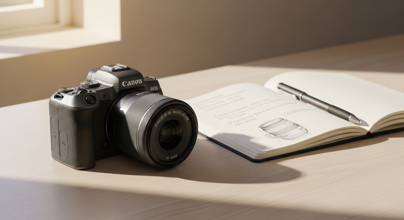 Canon EOS R10 mirrorless camera with RF-S 18-150mm lens kit displayed on professional backdrop