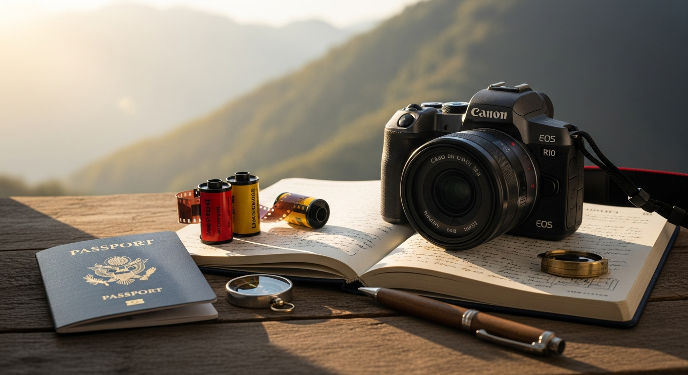 Canon EOS R10 mirrorless camera kit with RF-S 18-150mm lens displayed on travel photography backdrop