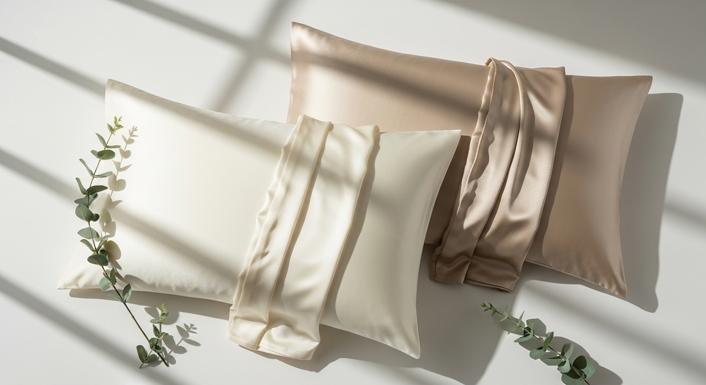 Luxurious mulberry silk pillowcase in elegant neutral tone on bed