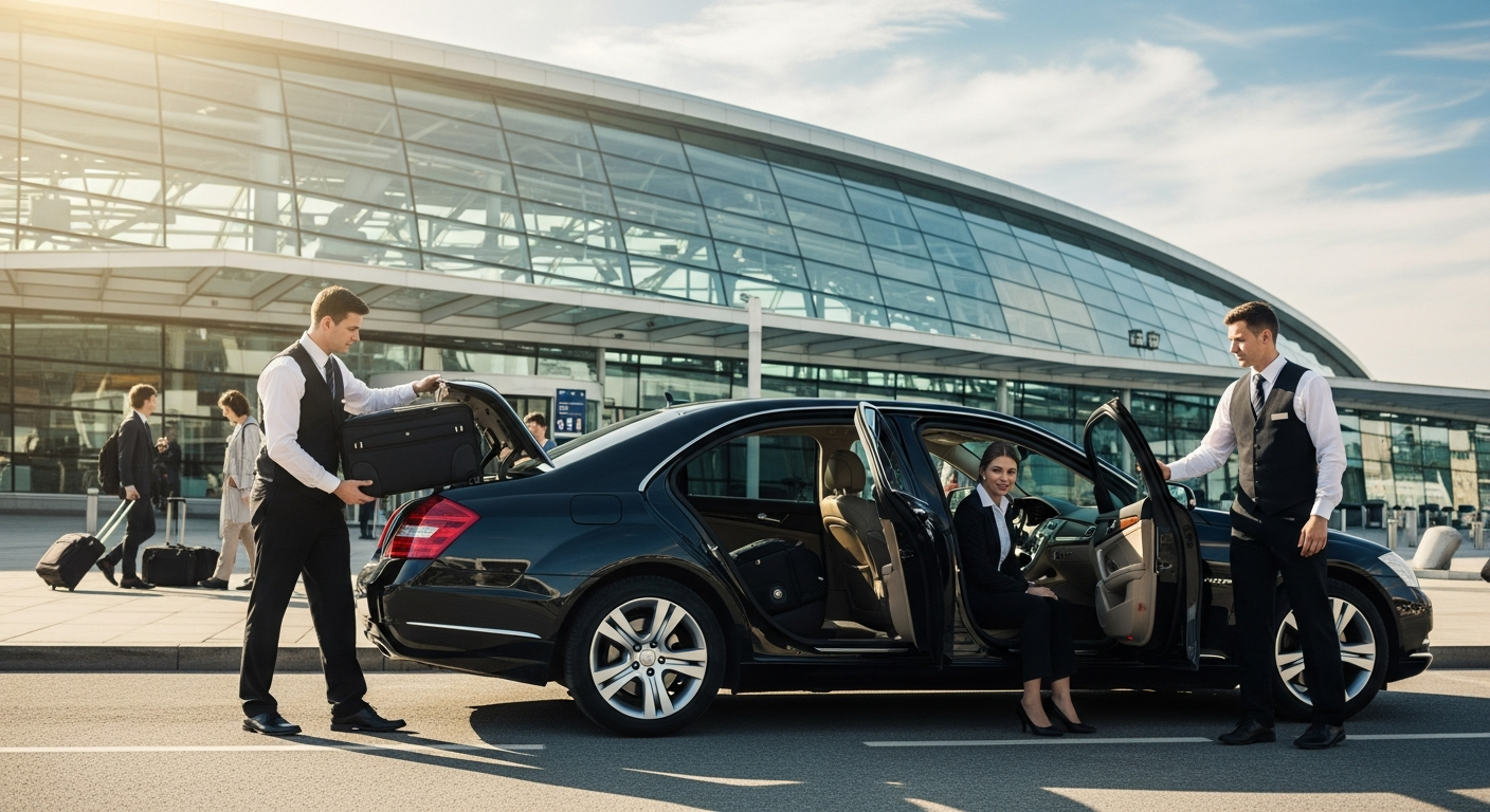 Professional chauffeur standing beside luxury black sedan at airport terminal entrance