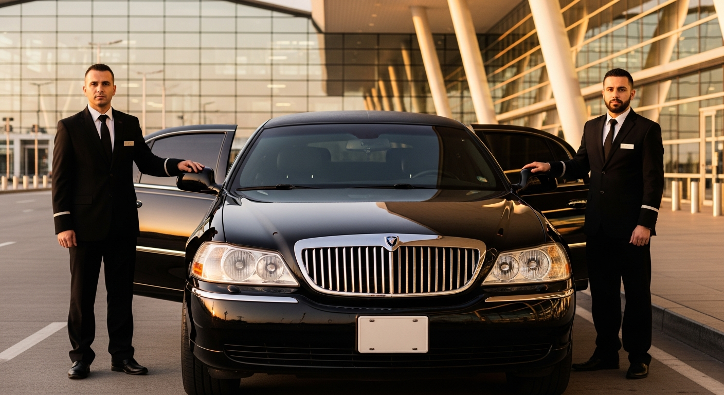 Professional Carmel Limo black sedan parked at airport terminal entrance